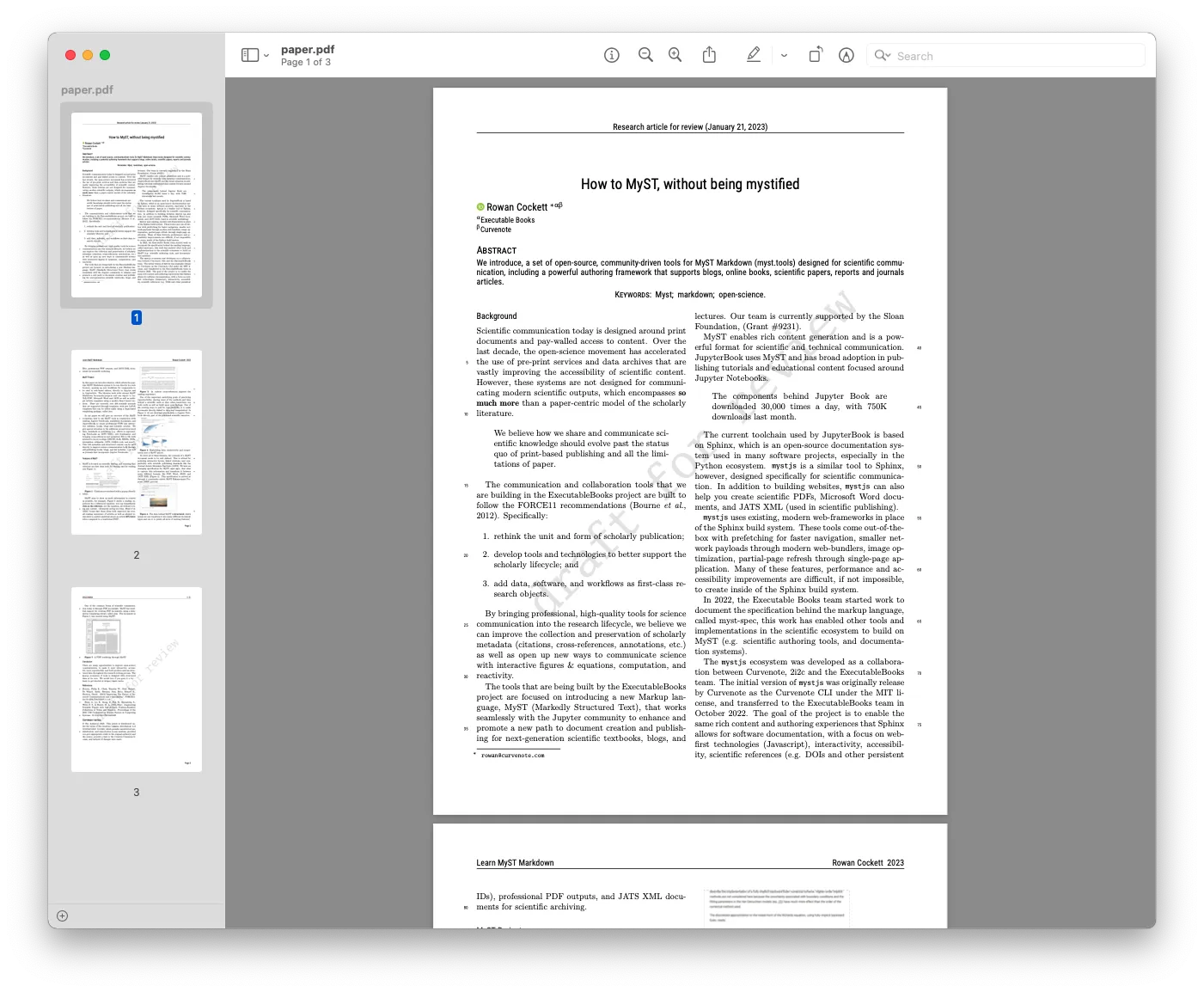 논문 PDF export 예시이다. 마크다운으로 쓰여진 글을 템플릿을 골라 쉽게 PDF로 내보낼 수 있다. 출처: mystmd.org