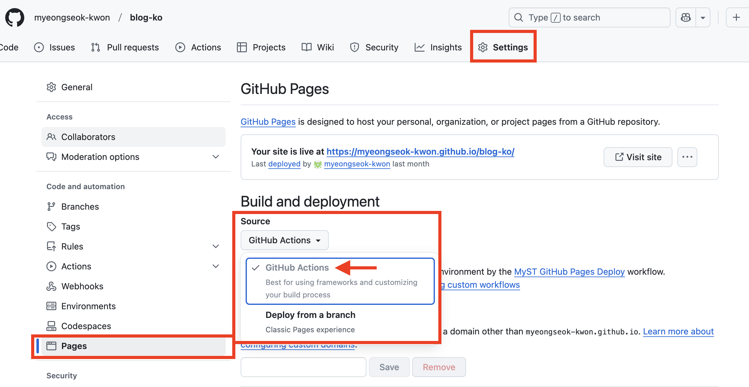 Selecting the GitHub Actions deployment method